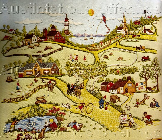 RARE SUMMER FOLK ART ADELE VERES CREWEL EMBROIDERY KIT SUNNY COUNTRY DAY