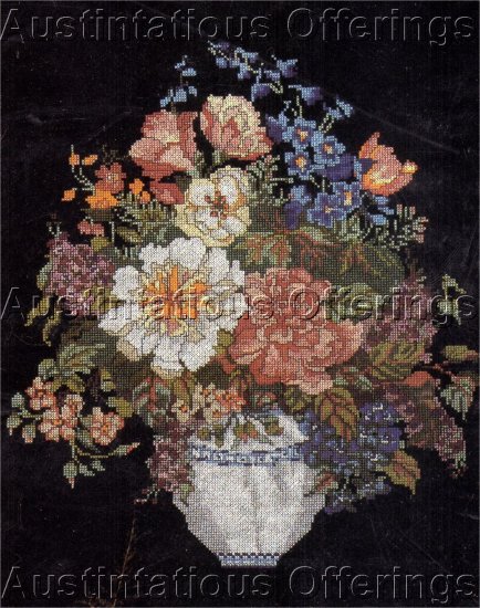 DRAMATIC PEONY FLORAL VASE CROSS STITCH KIT STRIKING BLACK BACKGROUND