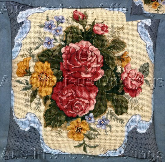 RARE VICTORIAN NOSEGAY NEEDLEPOINT PILLOW KIT ROSES & RIBBON