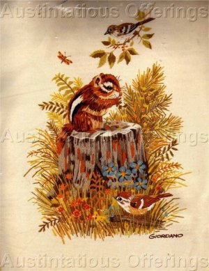 WOODLAND CHIPMUNK AND BIRDS CREWEL EMBROIDERY KIT GIORDANO