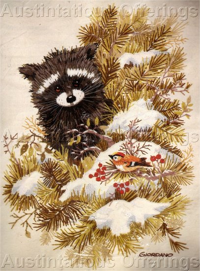 WOODLAND RACCOON AND WINTER BIRD CREWEL EMBROIDERY KIT GIORDANO