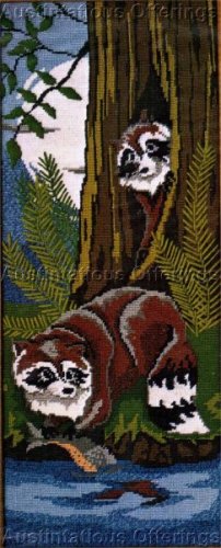 RARE LEEWARDS RACCOON PAIR ANIMAL NEEDLEPOINT KIT FISHING STREAM