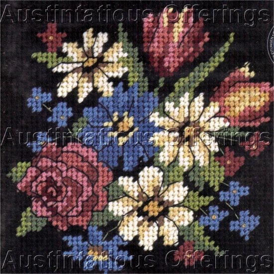CLASSIC FLOWERS NEEDLEPOINT KIT ROSE DAISIES BLACK BACKGROUND