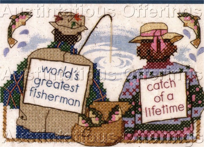 FISHERMAN FISHER WIFE SAMPLER CROSS STITCH KIT FISH FISHING POLE GREATEST CATCH