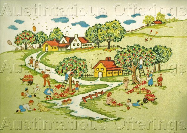 RARE SUMMER HARVEST FOLK ART ADELE VERES CREWEL EMBROIDERY KIT APPLE ORCHARD