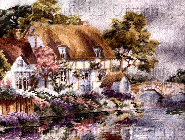 RARE DERTNER RIVERSIDE GARDEN NEEDLEPOINT KIT THATCHED ROOF COTTAGE