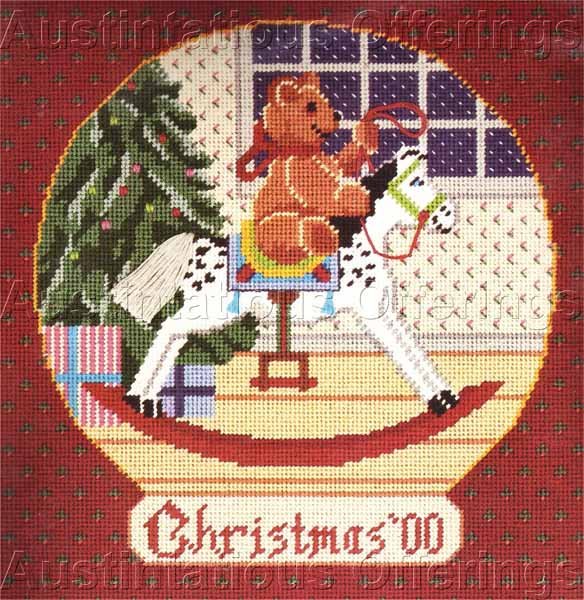 RARE KEVIN BURGESS CHRISTMAS FOLK ART TEDDY BEAR NEEDLEPOINT KIT ROCKING HORSE