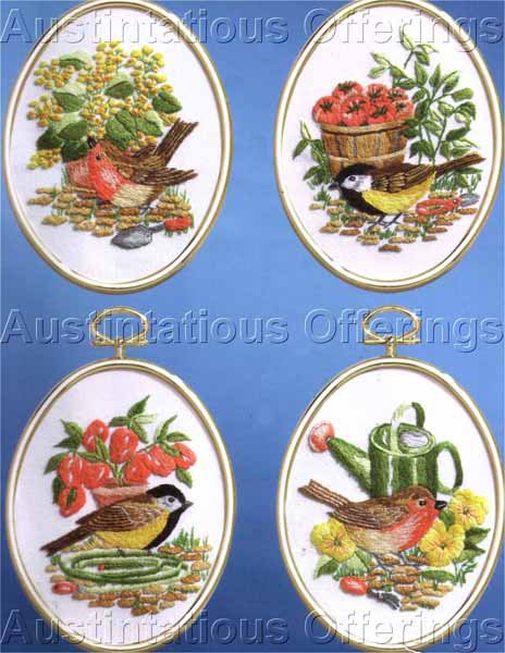 Eleanor Engel Birds in Garden Embroidery Kit Chickadees Wrens Crewel Stitchery
