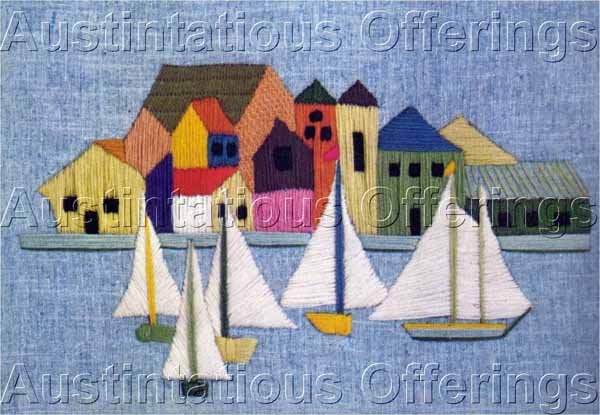 Mediterranean Sailing Vacation Crewel Embroidery Kit Harbor Seaside Village Sailboats