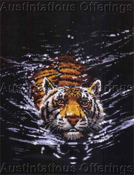 Dramatic Big Cat Midnight Predator No Count Cross Stitch Kit Swimming Tiger