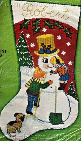 Rare Building a Snowman Gold Top Hat Textured Needlepoint Stocking Kit
