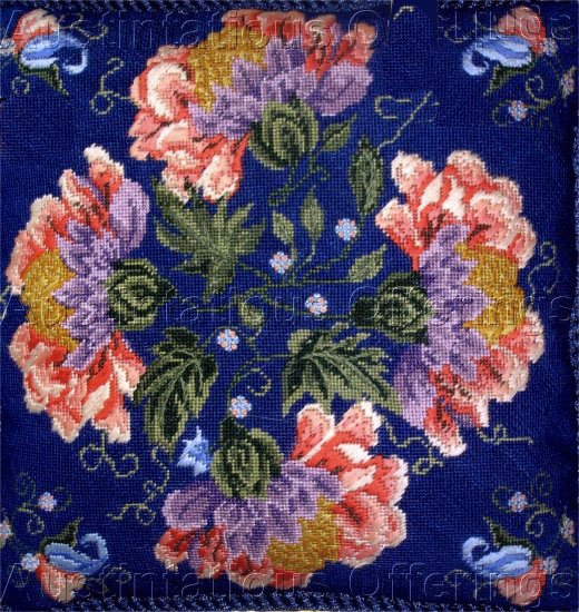STRIKING BLUE BACKGROUND JACOBEAN FLORAL TEXTURED NEEDLEPOINT PILLOW KIT