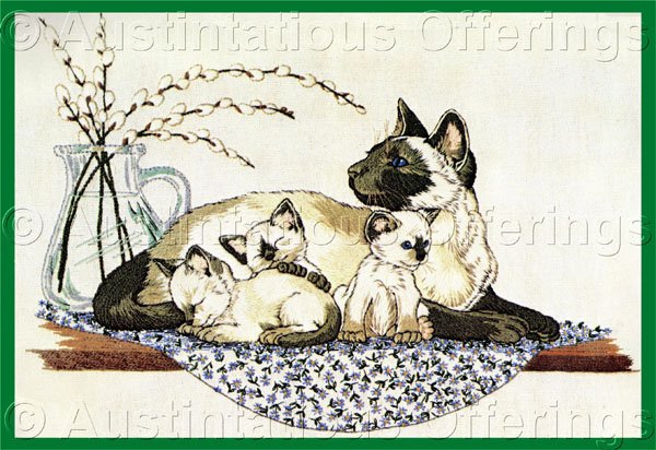 RARE POWELL MOTHER CAT CREWEL EMBROIDERY KIT CUDDLY SIAMESE KITTENS
