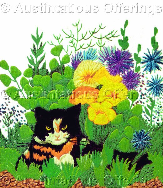 Rare Wilson Tiger Cat Crewel Embroidery Kit Bright Autumn Garden