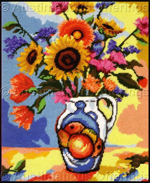 Rare Gillum Vibrant Bouquet in Painted Pitcher Needlepoint Kit Bold Modern Floral