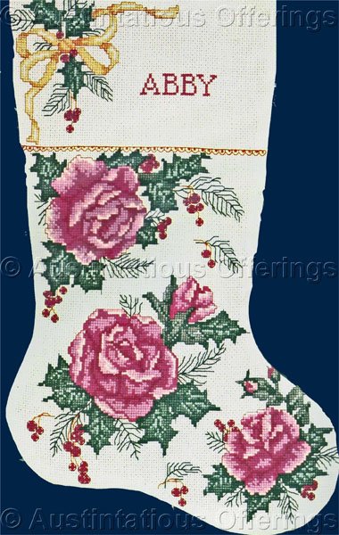 Rare Pink Christmas Roses and Holly Cross Stitch Stocking Kit