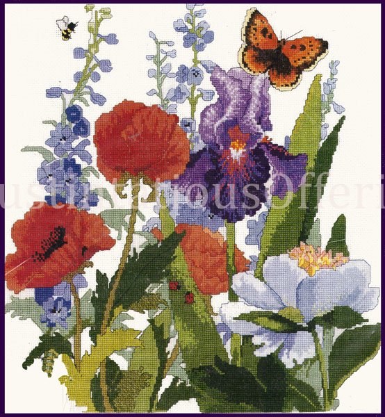 VIBRANT SUMMER GARDEN FLORAL CROSS STITCH KIT IRISES POPPIES DELPHINIUMS