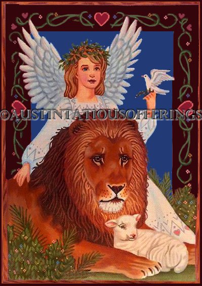 Rare Tapestry Tent Inspirational Needlepoint Canvas Liz Lion Lamb Guardian Angel Dove