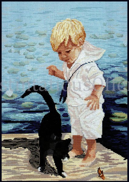 Rare Nancy Cole Art Repro Seaside Excursion Cross Stitch Kit Playing With Cat