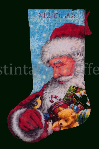Hazel Lincoln Art Repro Santa Claus and Chickadee Needlepoiint Stocking kit Toy Bag