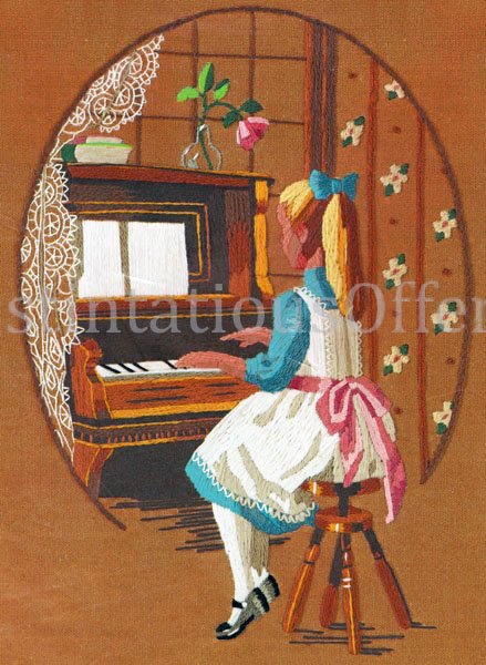 Rare Rienstra Young Girl at Piano Crewel Embroidery Kit Childhood Music Lessons
