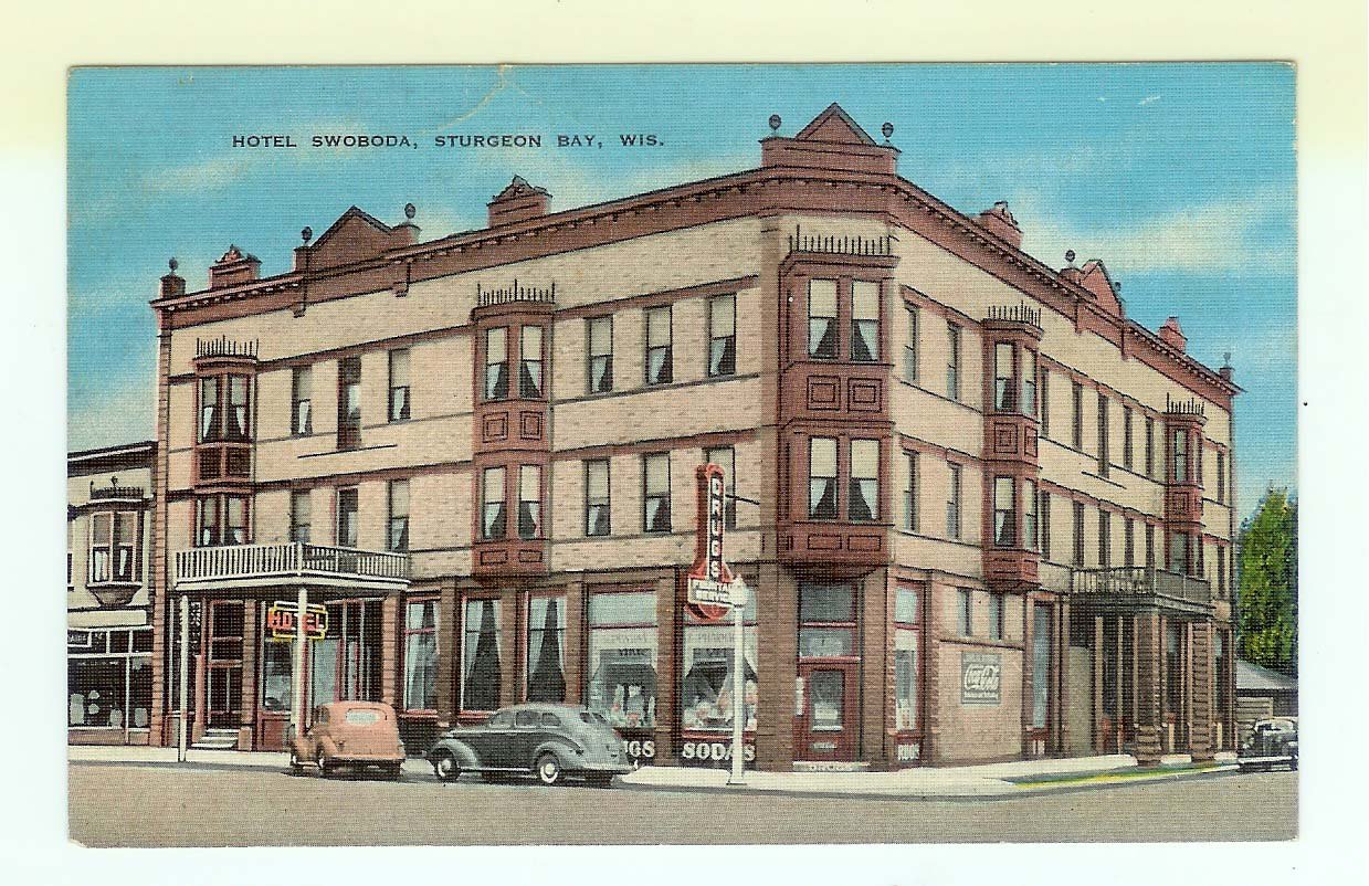 Hotel Swoboga Sturgeon Bay Wi postcard Linen unused Drug Store