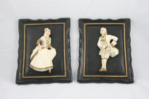 Vintage Victorian Couple Pair Chalkware Plaster Plaques Rogercraft French Shabby Chic