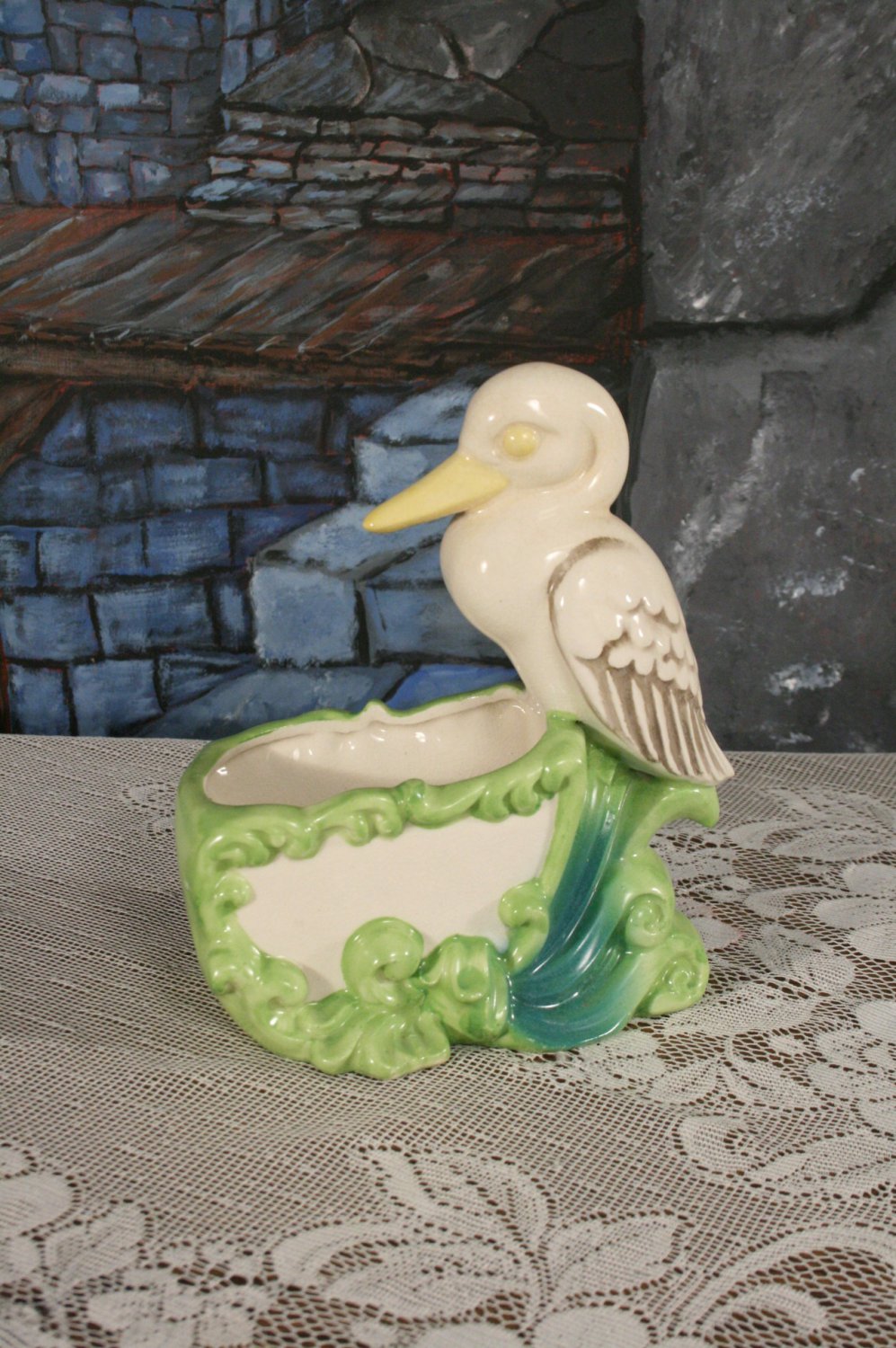 Vintage Bird Planter Crane Stork Pottery light green Trim Made in Japan Scalloped Edge