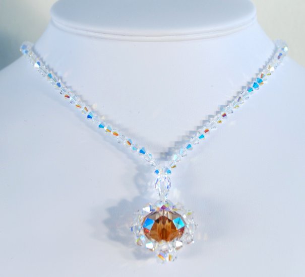 Designer fashion, bridal crystal necklace jewelry, Swarovski Crystal AB & Crystal Copper - NEC 0002