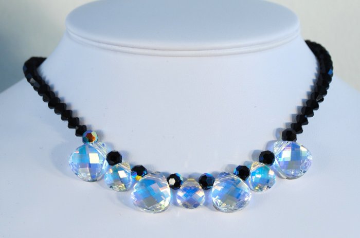 Designer fashion, bridal, crystal necklace jewelry, Swarovski Crystal AB / Jet / Jet AB - NEC 0007