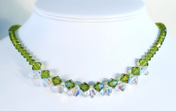 Designer fashion, bridal, crystal necklace jewelry, Swarovski Olivine AB & Crystal AB - NEC 0008