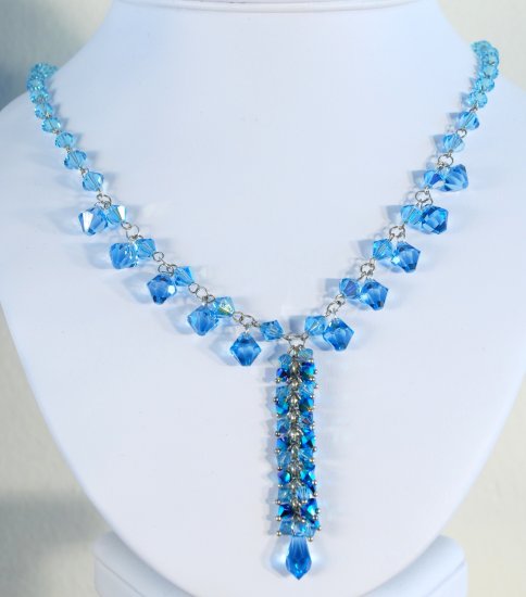 Designer crystal necklace jewelry, Swarovski Light Blue AB & Crystal Metallic Blue 2X - NEC 0015