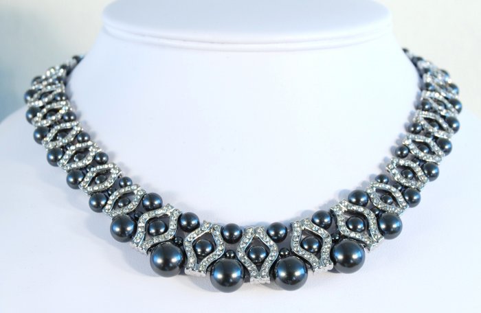 Designer bridal, crystal necklace jewelry, Swarovski Black Pearls / Crystal / Silver - NEC 0016