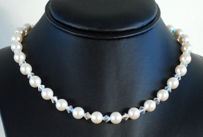 Designer fashion, bridal, crystal necklace jewelry, Swarovski Cream Pearls & Crystal AB - NEC 0020