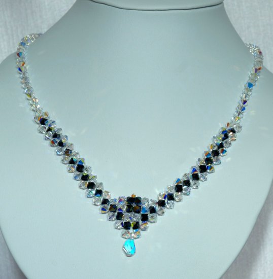 Designer bridal, prom crystal necklace jewelry, Swarovski Crystal AB & Jet Hematite 2X - NEC 0035
