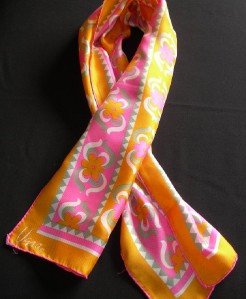 Vera Neumann 60's Mod Orange, Pink & Grey Flowers Long Scarf