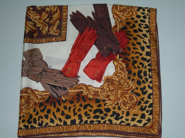 Vintage Large Square Silk Scarf Women's Gloves with an Animal Print Boarder