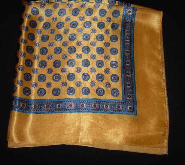 Vintage Gold Scarf with Geometric Navy Blue Print Large Square Scarf