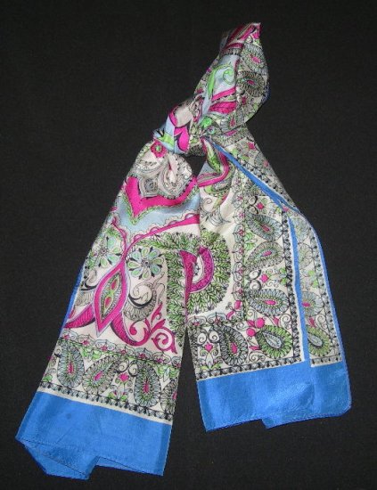 Vintage Large Oblong Paisley Print Scarf Blue, Pink & Green