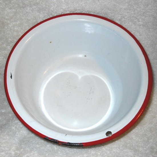 Vintage GRANITEWARE BOWL White Red Enamel Metal Rustic Decor