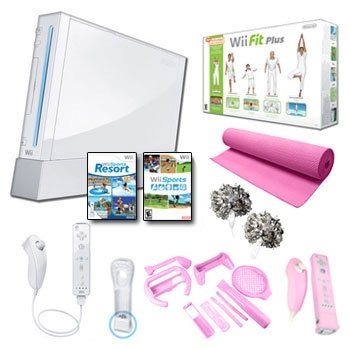 Nintendo Wii White "Holiday Pink Fit Bundle" with Yoga Mat, Pom Poms, and More.
