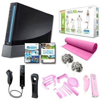 Nintendo Wii Black "Holiday Pink Fit Bundle" with Remote Plus, Yoga Mat, Pom Poms, and More.