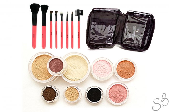 21pc Mineral makeup kit foundation eye shadow pink brushes-Fairly light-Light-Medium-Tan-Dark-Deep