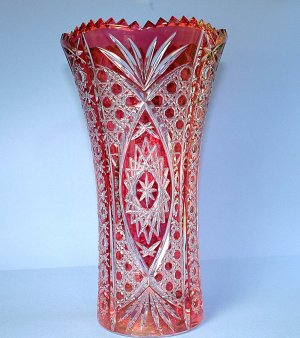 Bohemian Style 10" Cranberry Cut Glass to Clear Vase