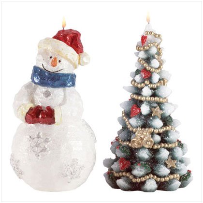 Snowman And Christmas Tree Candles Set Of 2
