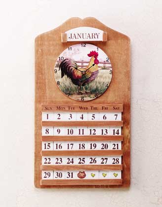 Wooden Calendar And Clock With Rooster