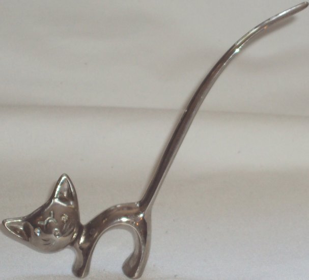 Cat Figurine Silver Type Stainless Metal Kitty Rhinestone Eyes