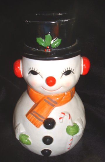 Vintage Snowman Plastic Bank Hand Painted Japan Holly On Hat