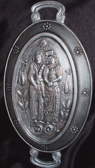 Vintage Metal Handled Pewter Serving Trary Dutch or German Man and Woman Couple
