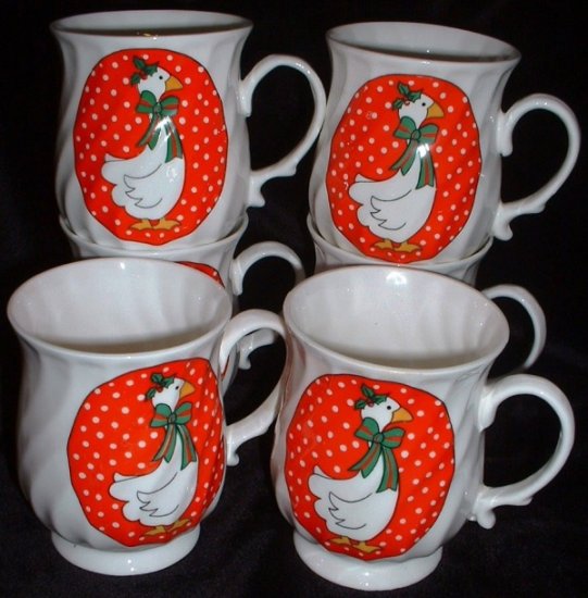 Hitkari Cups Potteries Geese Christmas Holiday Mugs Swirled Design Made in India 6 Set